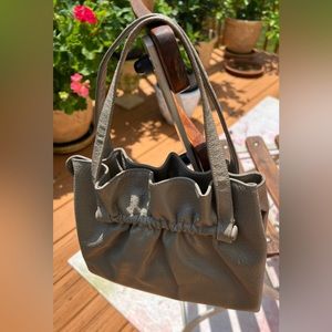 Vintage KORET Kid Skin Gray Leather and Pink Handbag with Gold Rose Bud …